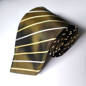 Belisi 100% Silk Tie Diagonal Stripe Olive Green, Gold, Silver Handmade